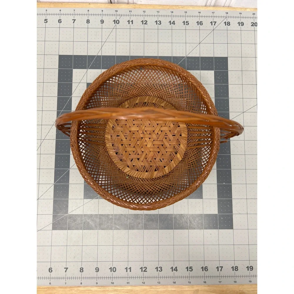 Woven Bamboo Basket 2pcs Round Handle Coe & Dru Tray Vintage Boho Wicker